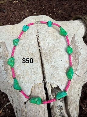 Turquoise Nugget & Hot Pink Beaded Necklace - Handmade Women Jewelry